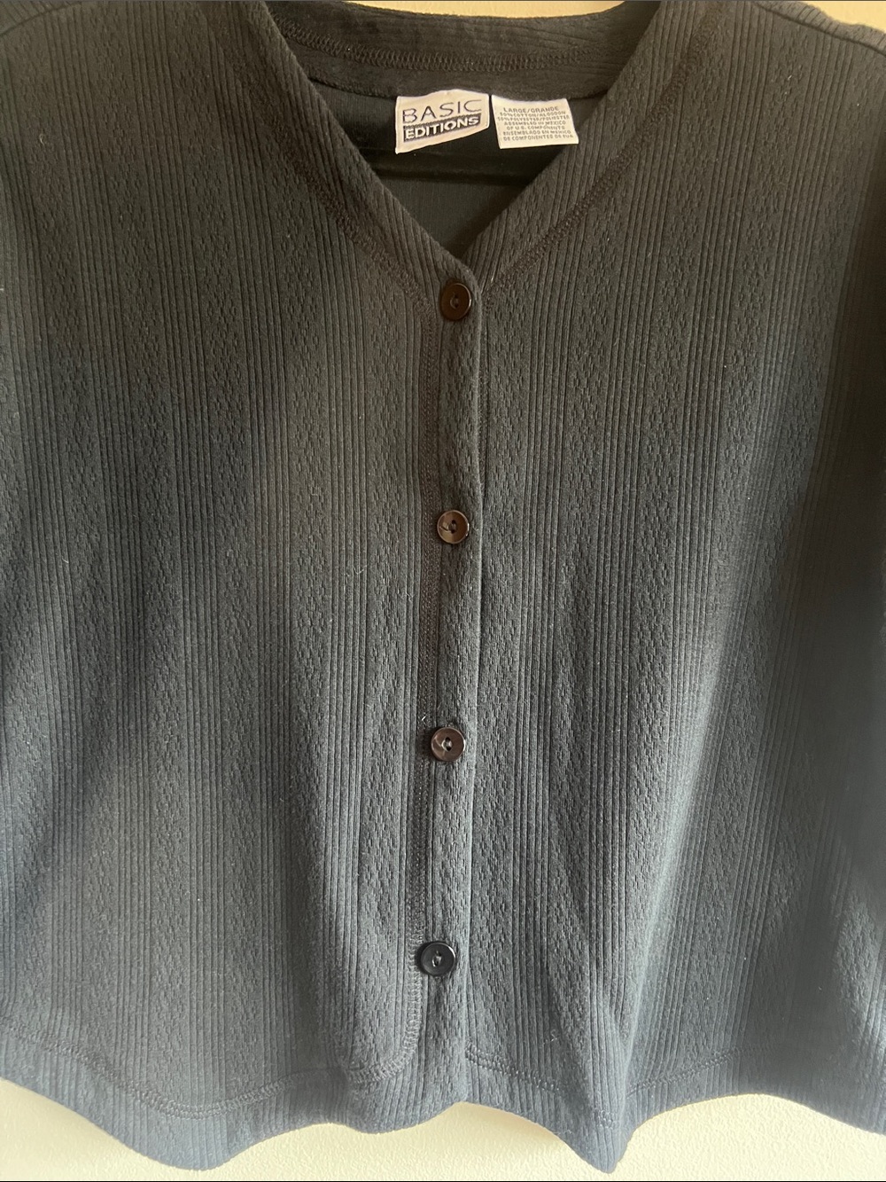 Basic Editions Black Ribbed Button-Front Short Sleeve Top - Picture 3 of 5